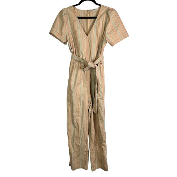 Madewell Pants - MADEWELL 6 Striped Puff-Sleeve Tapered Jumpsuit Pink Blue Linen Blend Romper